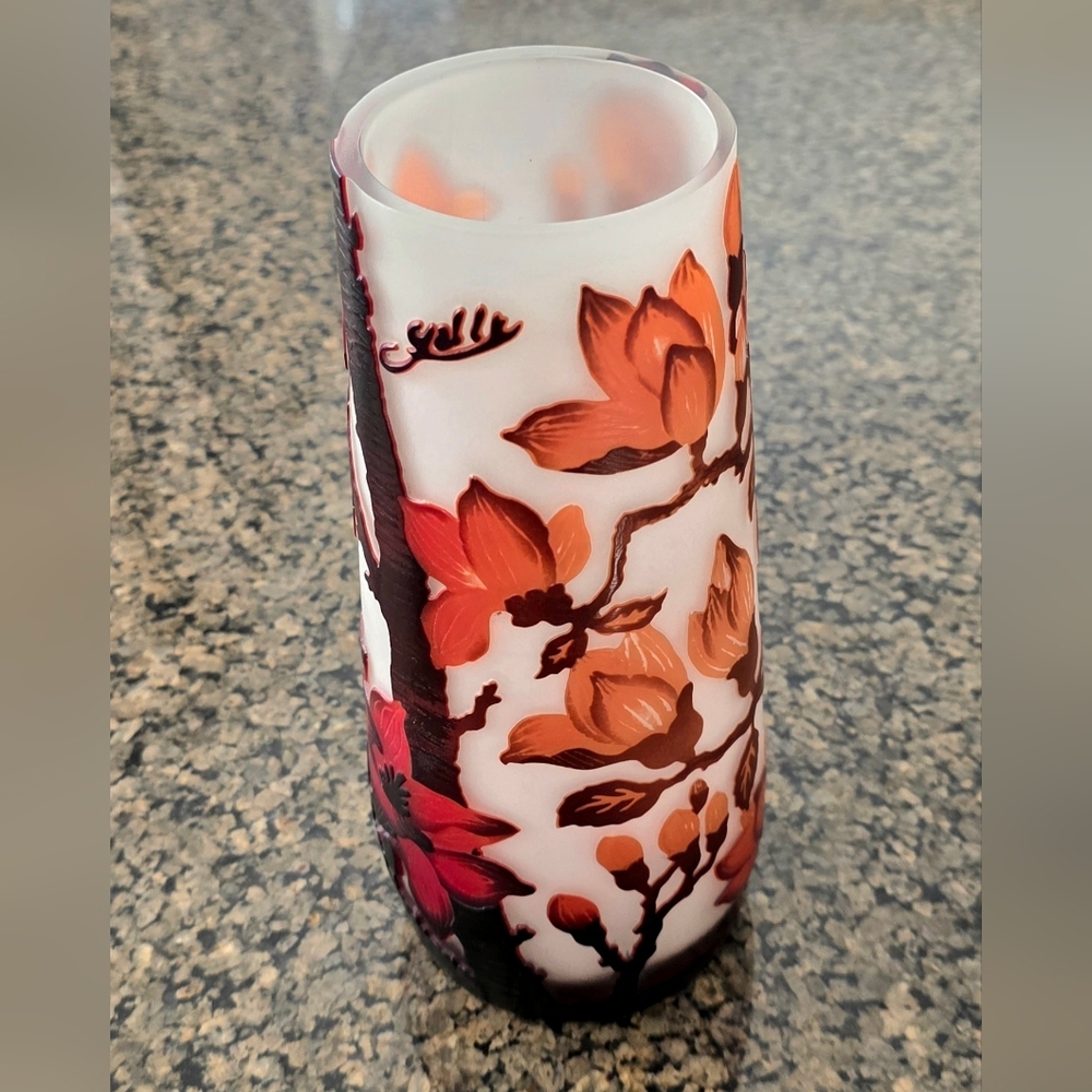 Emile Galle signed Glass Flower Vase Orange brown Home Decor Antique Handmade